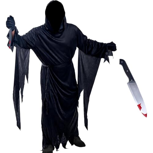 PAPU 5er Gruselig Halloween Kostüm Herren Set - Ghostface Kostüm Erwachsene mit Horror Blutige Maske & Spielzeug Messer,Movie Costume Grim Reaper Kostüme Tod für Halloween Karneval(L)