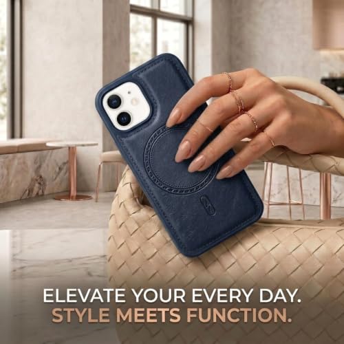 Image of amazon basics Premium PU Leather Case for iPhone 12 Pro, MagSafe Compatible Magnetic Ring, Sleek Protective Back Cover - [Blue]