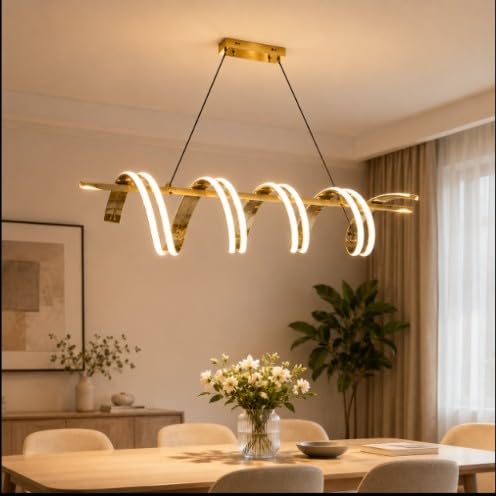 Modern Linear LED Chandelier Gold Pendant Light 36W 3 Color | Spiral Design, Adjustable Brightness, Living & Dining Room, Premium Metal Finish, Warm/Neutral/Cool White-image-3
