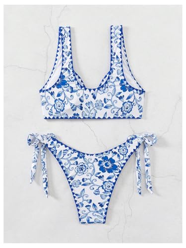 MakeMeChic Women's 2 Piece Bikini Sets Boho Floral Print Tie Front Knot Side Wireless Summer Swimsuit Bathing Suit2