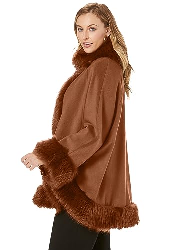 Jessica London Women's Plus Size Faux Fur Trim Cape Wool Poncho Hook And Eye Closure - 18/20, Nutmeg Brown - Thumbnail 4
