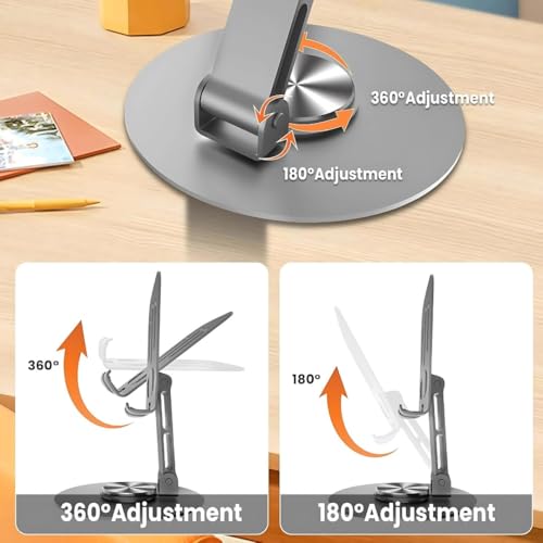 Image of Mobile Phone Stand for Desk | 360 Rotation & Adjustable Height | Foldable Stand for Smartphone & Tablet - White (Silver 360*)