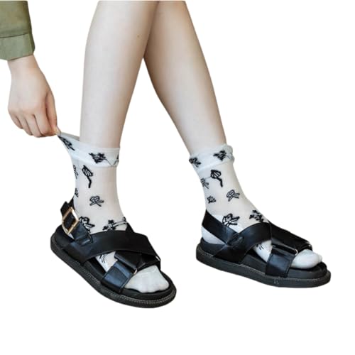 5 Pairs Women‘s Ruffled Ankle Sheer Socks Floral Embroidery Mesh Sheer Socks Cotton Sole2