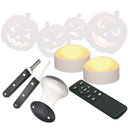 Image of Halloween Jack-O-Lantern Pumpkin LED Lights with Remote & Carving Tool Kit | CANDLE CHOICE 2 White Battery Operated Flameless LED Halloween Pumpkin Lights and 3 PCS Stainless Steel Carving Tool Set
