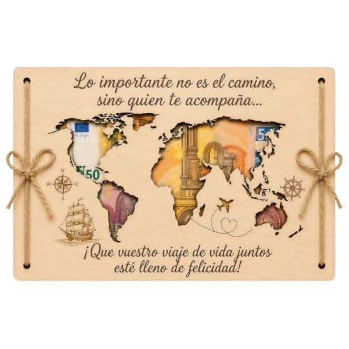 Presente casamento noivos mapa mundial de madeira 20 x 15 cm, presente dinheiro casamento original para recém-casados, cartão de felicitações casamento com espaço para bilhetes, presentes de casamento