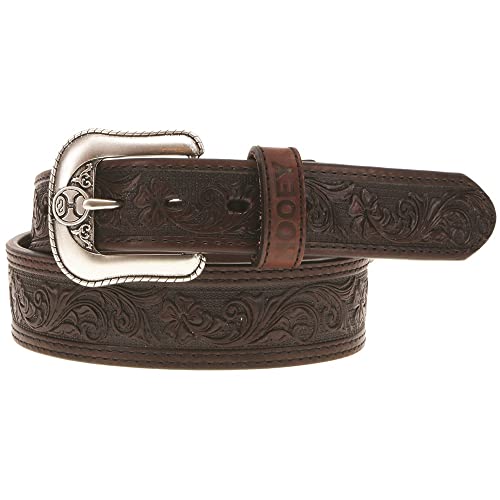 HOOEY Tapered Brown Leather Filigree Embossed Belt with Brown Double Welt Edge & Black Accents (38)