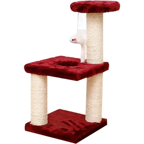 GrnArt キャットタワー ミニキャットタワー 子猫用 木製キャットタワー 猫足 子猫のお昼寝タワー おもちゃ 遊び場 エクササイズタワー 組み立て簡単 省スペース 天然サイザルロープ 頑丈 耐久性 (レッド)
