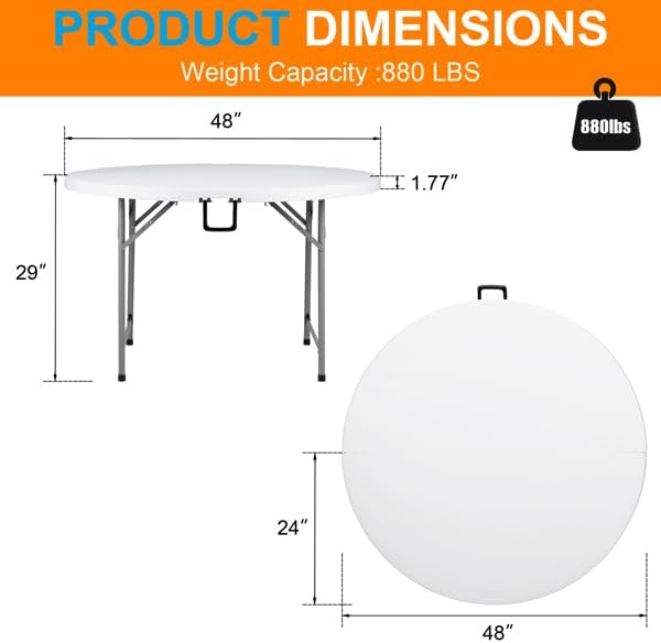 Generic 48inch Round Foldable Portable Banquet Table for Indoor/Outdoor Events, Party round table，White, SY-LHJ5-94515737