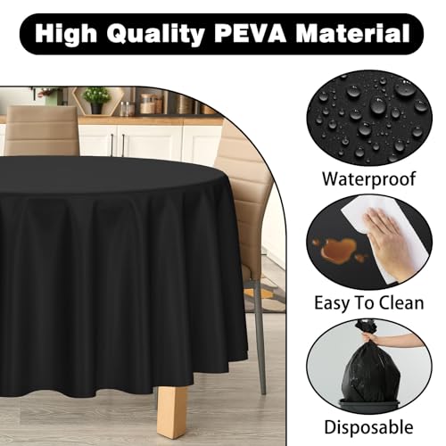 Image of Kopokita 2 Pack Black Round Disposable Plastic Tablecloths 84 inch | Party Table Covers for Birthday, Graduation, Back to School, Halloween Decorations