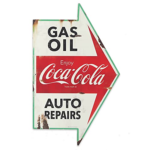 Open Road Brands Coca-Cola Auto Shop Metal Sign - Gas, Oil, Auto Repairs Distressed Metal Wall Décor for Garage, Car Shop, or Man Cave