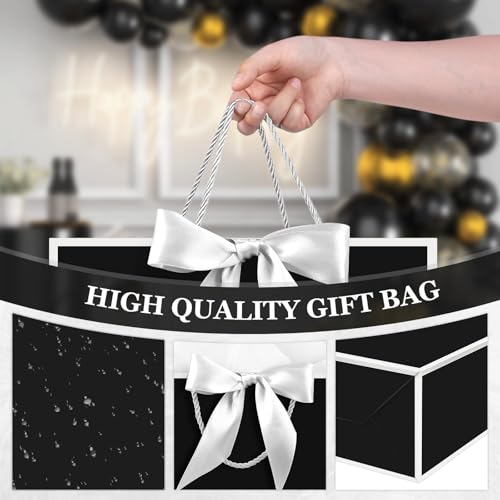 Image of JMANNI Gift Bags with Handles, 13 inch Medium Gift Bag for Presents, 1 Pcs Bags with 2 Tissue Paper and 1 Cards for Baby Shower Wedding Bridal Shower Mother's Day Birthday Party (black-white