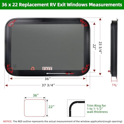 Image of RV Exit Windows,36 inchW x 22 inchH RV Emergency Exit Windows for Cargo Trailer | Camper Cargo Trailer Window Replacement w /Net Screen and Trim Ring,Fit 1 inch or 1-1 /2 inch Thick Wall,Allow Error 1 /16 inch,DOT Approved