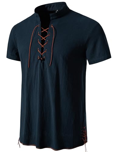 Lacets rétro médiéval chemises à manches courtes en coton pour homme