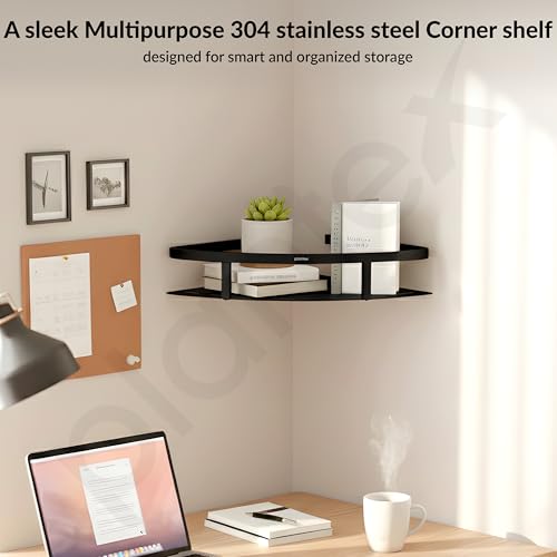 Image of Plantex Corner Shelf for Bathroom Wall /304 Grade Stainless Steel Bathroom Corner Shelf Rack /Bathroom Racks and Shelves /Multipurpose Bathroom Accessories Set- Pack of 2 (Black,9x9 Inches)
