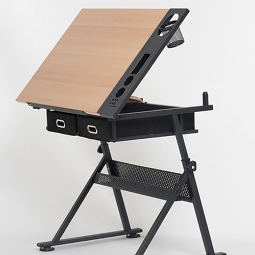 Drawing Tilting Tablet,Adjustable Drafting Table & Stool Set w/Stool and 2 Storage Drawers, 80° Tiltable Tabletop MDF Versatile Art Desk for Home Office, Art Studio, or Craft Room, Wood