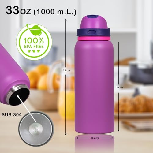 Image of FreeSip Gym Water Bottle with Straw & Chug Lid - Leak Proof Push Button Opening, BPA Free, Large Capacity Sports Bottle with Carry Handle (Purple 33 OZ, 1000 ml)