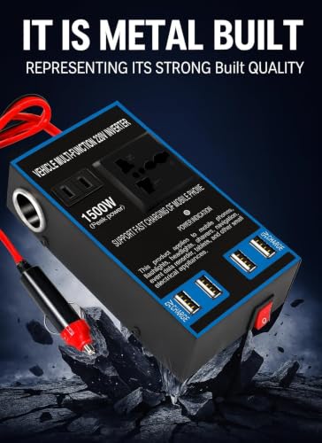 Image of Primate 1500W Car Power Inverter 12V /24V DC to 220V AC Converter with 4 USB Fast Charging Ports, 2 AC Universal Outlets, Dual Cigarette Lighter Sockets, Aluminum Alloy Car Adapter