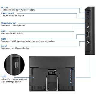 KCR TV portatile 14,0 pollici digitale DVB-T2, Freeview, batteria ricaricabile, porta USB, presa per cuffie, telecomando, ingresso AV, ingresso HDMI, HEVC Main 10