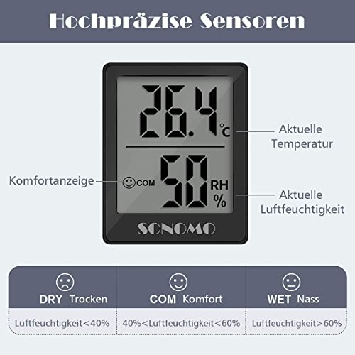 Foto von SONOMO Thermo-Hygrometer,2 Stück Digital Hygrometer Innen, Thermometer Innen Feuchtigkeit Hohen Genauigkeit,Für vertikale oder Wandmontage Luftfeuchtigkeitsmessgerät,Für Innenraum-(schwarz)