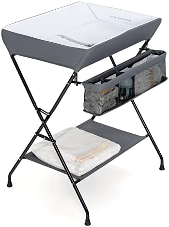 Costzon Changing Table, Portable Baby Changing Table Foldable Diaper Changing Station with Safety Belt, Large Storage Rack & Shelf, Nursery Organizer for Newborn Infant (Dark Gray)