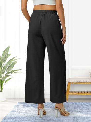 Women's Casual Linen Wide Leg Pants with Pockets Boho Palazzo High Waisted Drawstring Lounge Trousers3