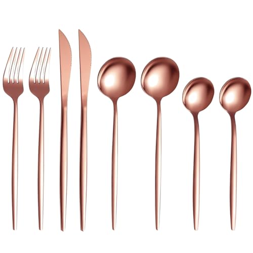 Image of aDai Rosegold Silverware Set | Satin Finish 8-Piece Stainless Steel Flatware Set | Dishwasher Safe Cutlery for Home, Restaurant & Gifting