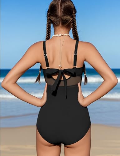 Girls Swimsuit Criss Cross One Piece Swimsuits Wrap Tie Back Sheer Mesh Bathing Suit with Gold Metal Swimwear 9-16Y3