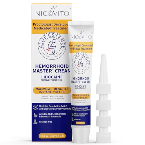 NICOVITO Hemorrhoid & Fissure Treatment Cream, 4% Lidocaine & Phenylephrine HCl Ointment, Maximum Strength Fast Relief for Pain, Itching & Swelling, External Use (0.7 oz)