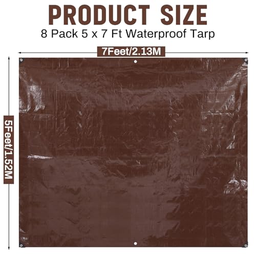 Image of 8 Pack 5 x 7 ft Brown Tarps Heavy Duty 5.5 Mil Waterproof Durable, Water Resistant, Rip & Tear Proof, Reinforced Edges, Multipurpose Firewood, Farm, Camping, Roof, Boat & Emergency Shelter
