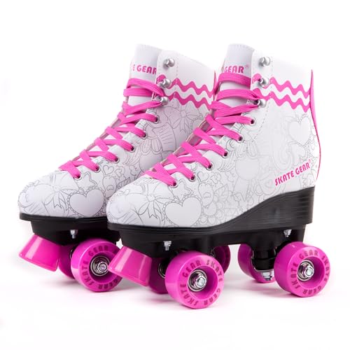 Image of Skate Gear Cute Graphic Quad Roller Skates for Kids and Adults (Graphic White /Pink, Women's 9 / Men's 8)