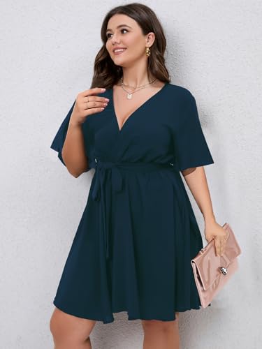 Image of SCOMCHIC Women's Plus Size Summer Dresses Short Sleeve Wrap V Neck A Line Skater Mini Short Dress XL-4XL