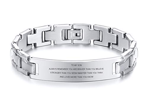MEALGUET Stainless Steel Link ID Bracelets to My Son Always Remember You are Braver Chain Wristband from Mom dad,Graduation Birthday Inspirational Gift to Son