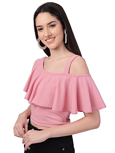Image of Mehrang Women's Casual Solid Flared Crop Top Round Neck Stretchable Blend for Women /Top for Girls
