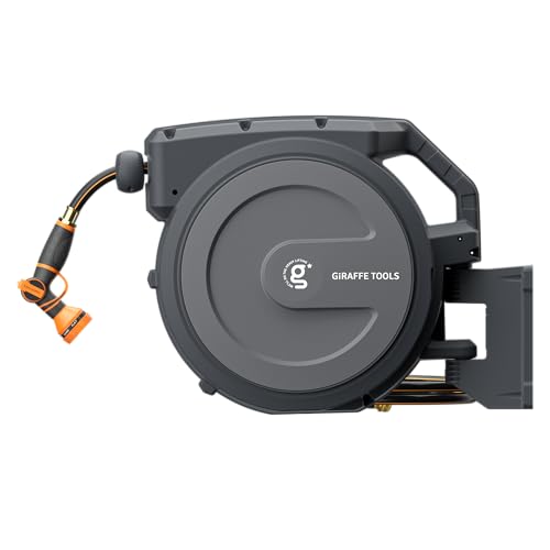 Giraffe Tools Retractable Garden Hose Reel 5/8 inch x 90 ft Hose Reels for Outside, Wall Mounted Water Hose Reel with 180 Deg Swivel Bracket, Any Length Lock, 9 Pattern Hose Nozzle