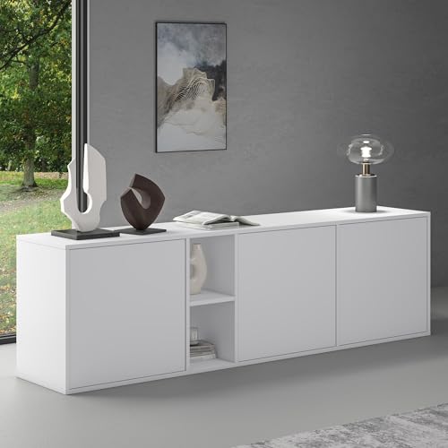 doporro Buffet Bas 180 cm Commode Meuble de Rangement Blanc Mat Suspendu ou sur Pied Placard Salon Salle à Manger 3 Portes Schrank02