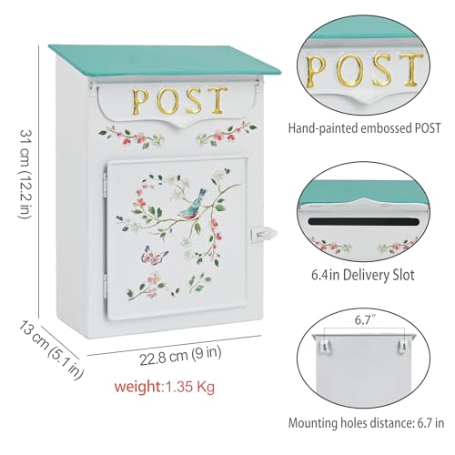 Image of Mailbox Wall Mount Mailboxes for Outside Vintage Mail Boxes for House Outside Metal Drop Box Antique Style Nostalgic Charm Home Decorative, Flower Pattern, White