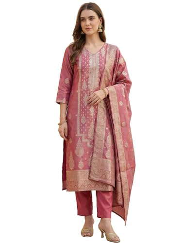 Image of INDO ERA Women's Purple Silk Blend Woven Design Straight Kurta and Pant with Dupatta Set (IESTR5599)