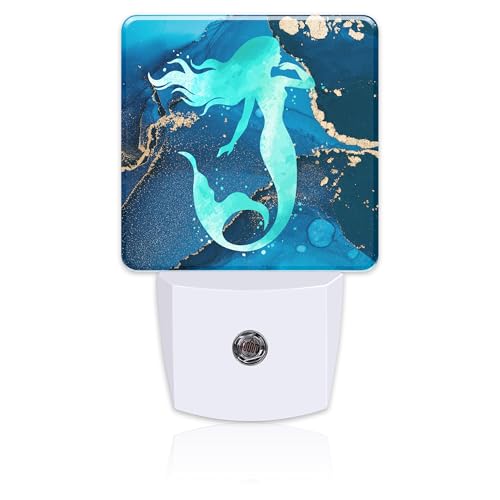 Image of Watercolor Turquoise Mermaid Night Light for Kids,Navy Blue Golden Marble Night Light Plug in with Dusk to Dawn Sensor,0.5w Energy Saving Nightlight for Hallway Stairway Kitchen Bedroom