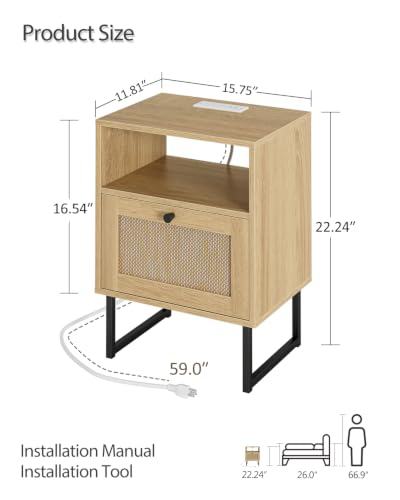 Image of Masupu Rattan Nightstand with Charging Station, Modern Boho Farmhouse Wood Bedside Table with Storage Drawer and Open Shelf, Side End Table for Bedroom, Office (Natural)