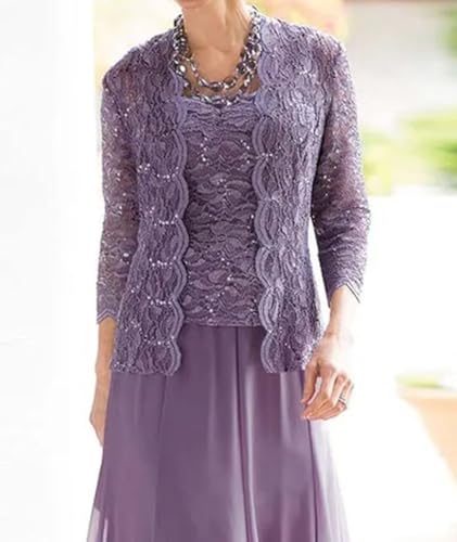 2 Pieces Mother of The Bride Dresses for Wedding Laces Chiffon Tea Length Formal Evening Dresses with Jackets3