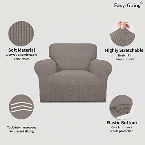Image of Easy-Going Stretch Chair Sofa Slipcover 1-Piece Couch Sofa Cover Furniture Protector Soft with Elastic Bottom for Kids, Pet. Spandex Jacquard Fabric Small Checks (Chair, Taupe)
