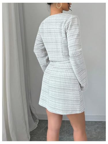 Image of SOLY HUX Women's 2 Piece Outfits Plaid Long Sleeve Button Down Cropped Jacket and Sleeveless Mini Dress Sets