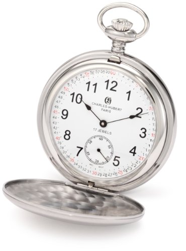 Image of Charles-Hubert, Paris 3908-WRR Premium Collection Stainless Steel Satin Finish Double Hunter Case Mechanical Pocket Watch