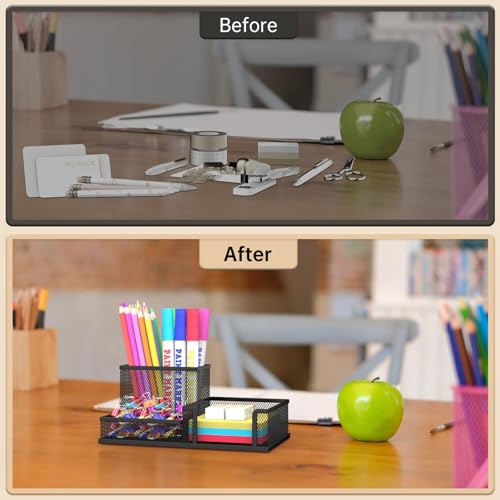 SUPEASY Mesh Pen Holder Desk Organizer, Office Supplies Pencil Storage with 3 Compartments, Office Desk Accessories and Workspace Organizers for Home School, Black image 4