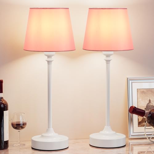 Image of Cordless Table Lamps Rechargeable Set - 2 Pack White 4000mAH Battery Operated Lamps for Decor, 3000K Stepless Dimming Touch Control Wireless Lamps for Bedroom, Dining Table, Living Room, Pink Shade