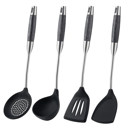 FJNATINH Espátula de silicona para wok, espátulas ranuradas, cucharón, juego de herramientas de cucharón, acero inoxidable, antiadherentes, resistentes al calor, utensilios de cocina sin BPA, paquete
