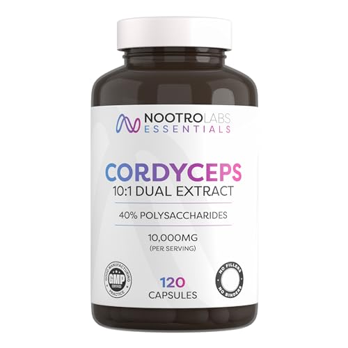 Nootro Essentials Cordyceps Supplements High Strength 10:1 Mushroom Extract with 10000Mg & 40% Polysaccharides Supports Peak Performance & Energy Levels (60 Servings 2 Months Supply)