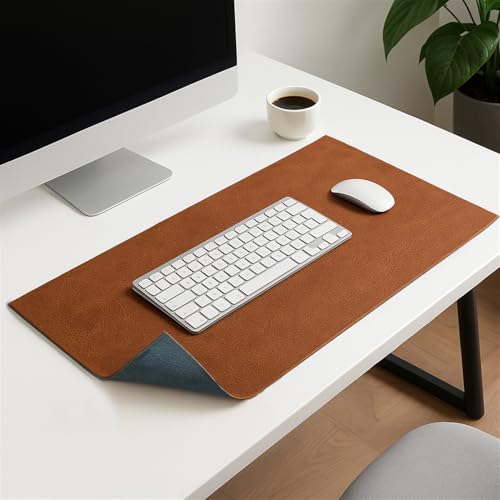 Sous-main de bureau en cuir PU bicolore marron et bleu format XL 90x60 cm