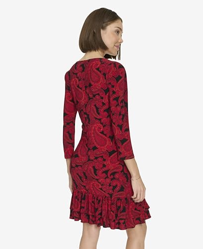 Image of Tommy Hilfiger Women's 3 /4 Sleeve Crew Neck Double Ruffle Hem Jersey Shift Mini Dress