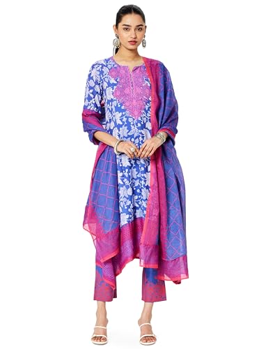Image of BIBA Women Cotton Straight Printed Kurta Ankle Length Suit Set